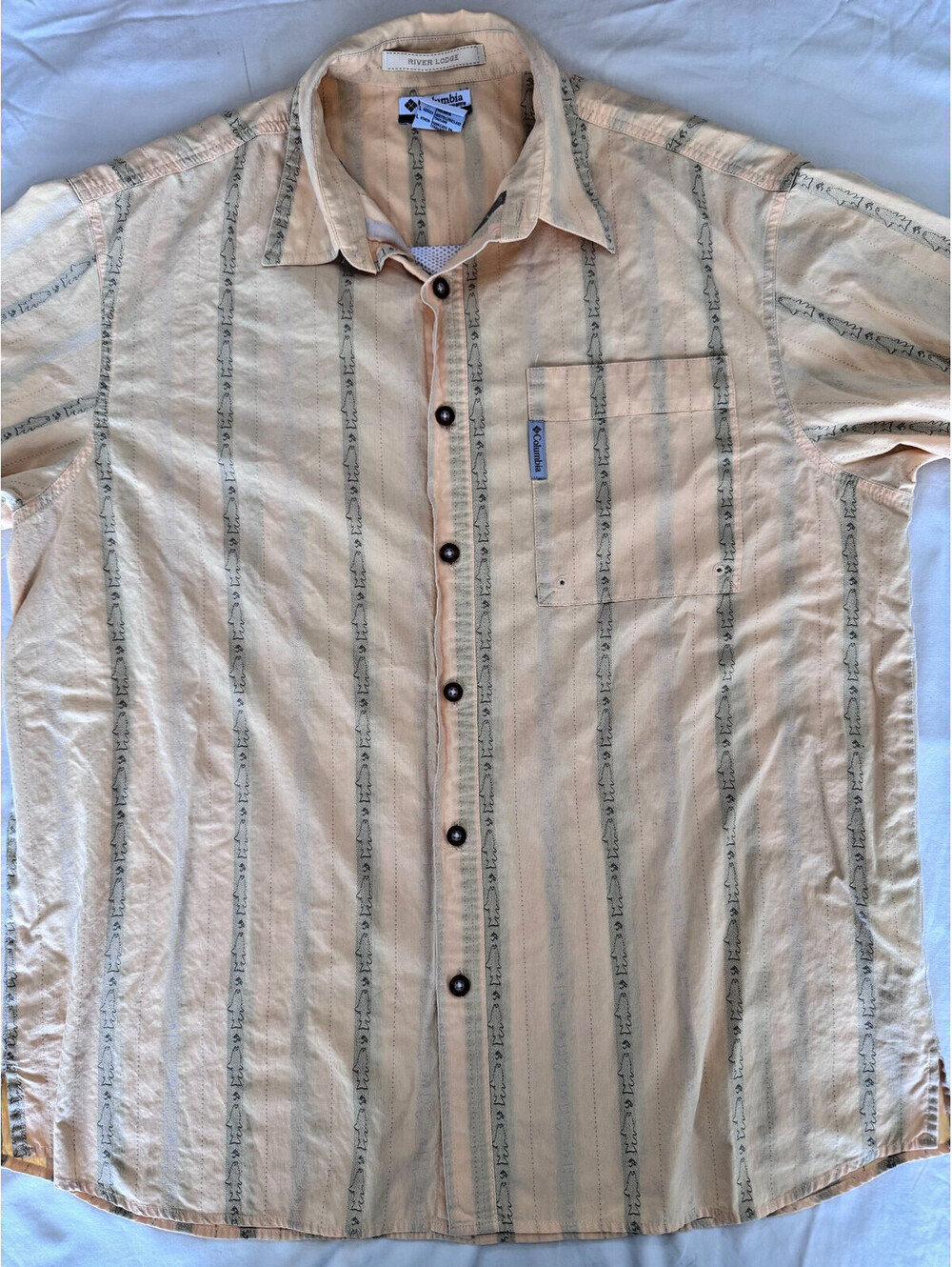 Columbia Men's River Lodge Short Sleeve Shirt Large Yellow Fish Pattern